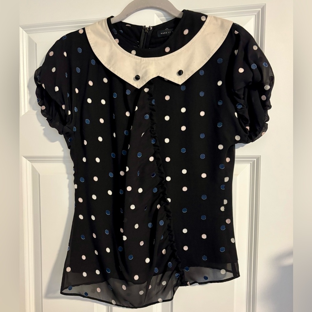 Marc by Marc Jacobs Vintage Black Polka Dot Blouse with White Collar Size: 2